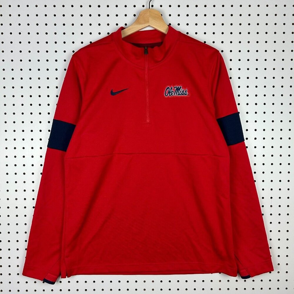 Ole Miss Nike Quarter Zip Pullover Small On Field Red Navy Blue Dri Fit Rebels